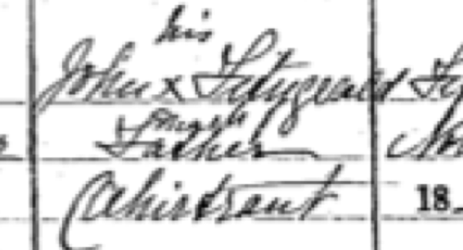 John Fitzgerald's mark, registering his son Patrick's birth at Ventry on 15 November 1895 — the Kerry John Fitzgerald could not write, unlike his Cork namesake who signed