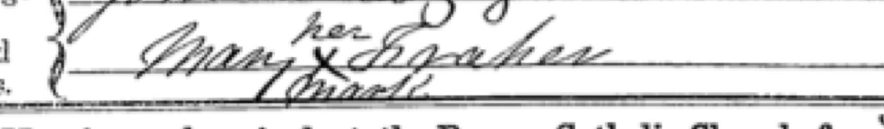 Margaret Fraher's mark on her marriage register, 25 February 1870 — the clerk wrote her name around the cross she made