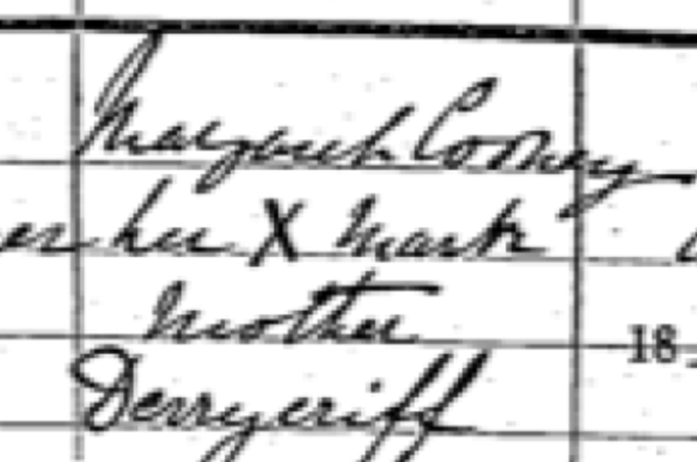 Margaret Needham's mark, registering her daughter Ellen's birth at Derrycriff on 21 August 1894 — the registrar wrote her name and she made the cross between the words
