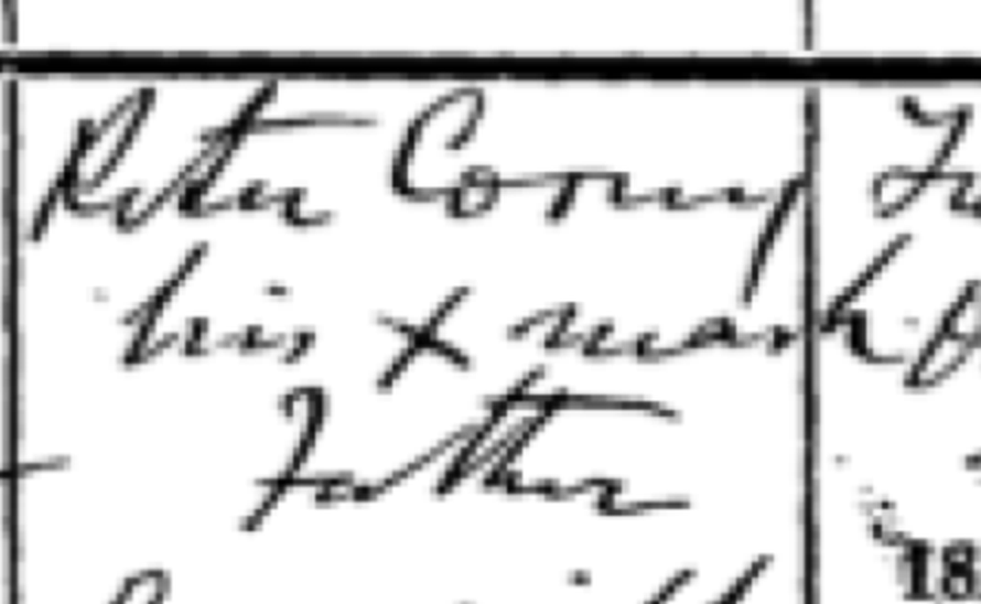 Peter Cooney's mark, registering his son Peter's birth at Derrycriff in October 1890 — “Peter Coony his ✗ mark, Father, Derrycriff”